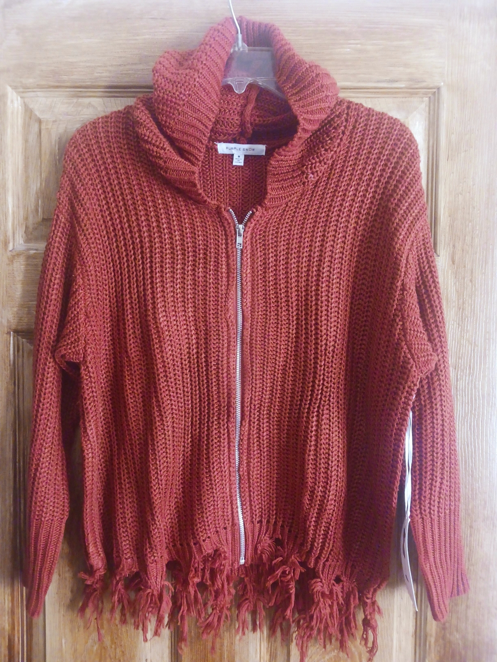 Purple Snow Rust Ribbed Zip-Front Fringe Sweater